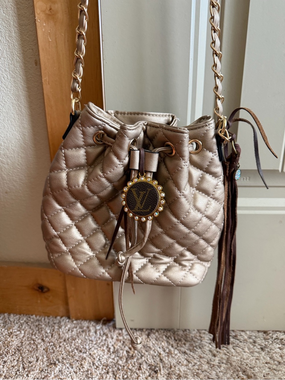 Quilted Metallic Bucket Bag with Chain Strap